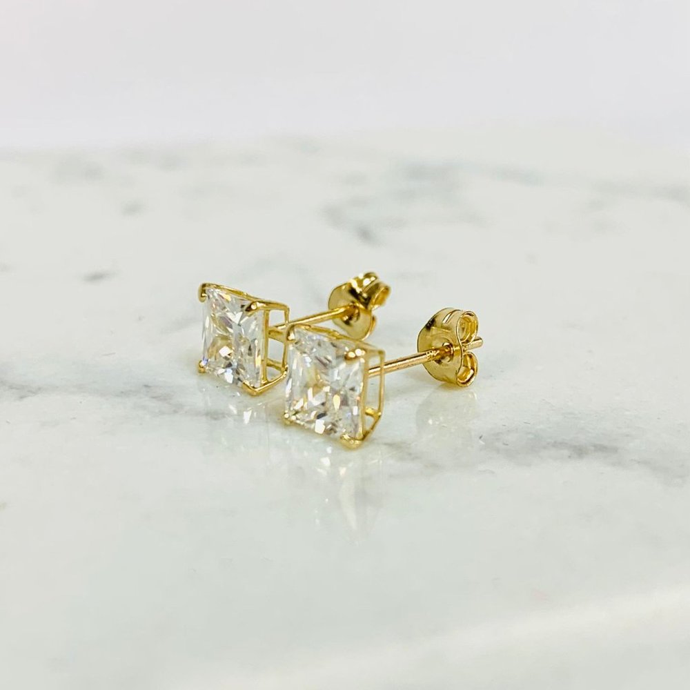 Cz Square Stud Earrings 10k Solid Yellow Gold For… - image 7